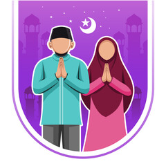 Wall Mural - Couple celebrating eid mubarak illustration