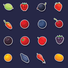 Wall Mural - Berries icons set stikers collection vector with shadow on purple background