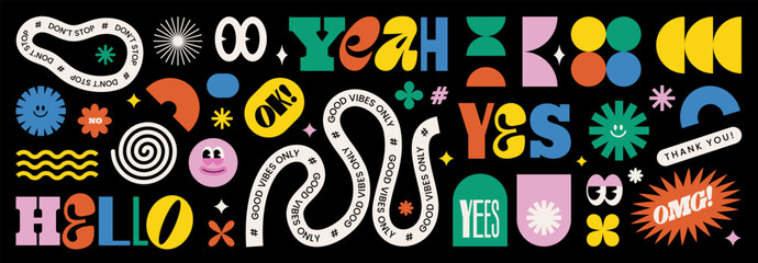 naive playful abstract shapes sticker pack. groovy circle oval rectangle arch eyes typography in tre