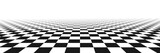Chess perspective floor background. Black and white chessboard perspective floor texture. Checker board pattern surface. Fading away vanishing checkerboard background. Abstract vector illustration.