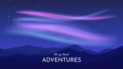 vector illustration. aurora landscape flat style design. night starry sky with aurora borealis. hill