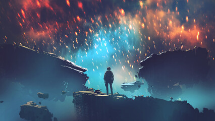 man standing on the floating rock looking at the sky full of fireballs., digital art style, illustra