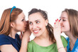 © danmorgan12 - Communication Ideas. Three Smiling Winsome Caucasian Girlfriends Sharing Their Secrets Whispering to Ears Isolated Over White Background.