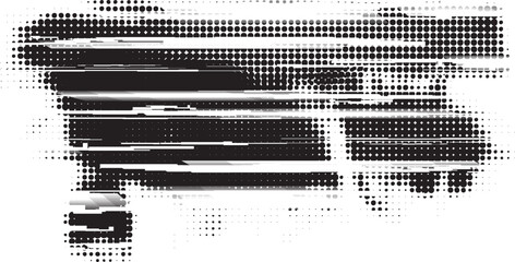 Glitch distorted grungy isolated banner . Design element for brochure, social media, posters, flyers. Overlay texture.Textured banner with Distress effect .Vector halftone dots . Screen print texture