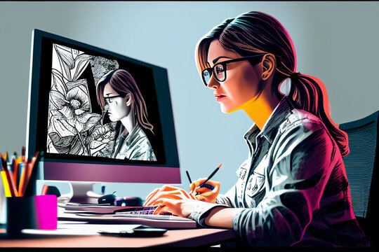 Young beautiful graphic designer employee wearing glasses working on computer screen.Computer and web design concept.Work from home graphic design jobs.
