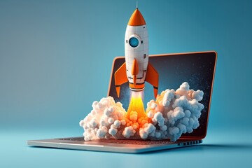 Rocket launching out from laptop on blue background, Business startup concept. Created Generative Ai