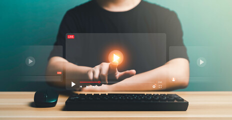 Business man making video of business 4.0. Man using hand for streaming online on virtual screen, watching video on internet, live concert, show or tutorial, content online internet concept.