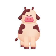 Wall Mural - Cute cow toy for children 3D illustration. Cartoon drawing of farm or cattle animal in 3D style on white background. Nature, domestic animals, childhood concept