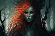 portrait of a red-haired witch girl in forest. Generative AI illustration