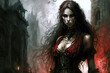 © alexkoral - sexy vampire girl in a red dress at night in city. Generative AI illustration