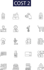 Cost 2 line vector icons and signs. Price, Outlay, Costly, Costing, Pricey, Expenditure, Price tag, Price range outline vector illustration set