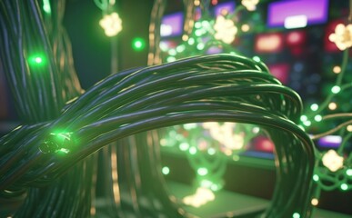 Poster - Futuristic abstract Generative AI of computer generated wireframe with glowing