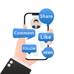 Poster - Social media access via smartphone. Suitable for promotion of social media, interactive activities, sharing, making friends. Like, comment, share and follow, news. Vector illustration