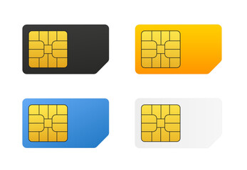 Four SIM cards black, white, blue, yellow. Mobile phone icon microcircuit. Sim Card isolated 3d gsm design. Vector illustration