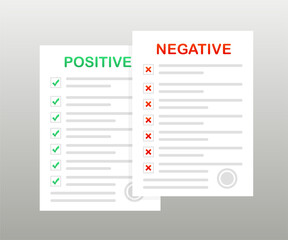 Poster - Positive and negative result. A sheet of paper with a seal. Documents with a tick and a cross. Stamps of negative and positive results on a white background. Vector illustration