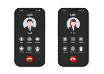 Poster - Smartphone call app interface template. Incoming call concept. Turning off the sound, keyboard, speaker button. Dark mode design mockup of mobile app page, user interface for app. Vector illustration