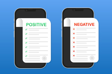 Poster - Positive and negative result on a smartphone. A sheet of paper with a seal. Documents with a tick and a cross. Stamps of negative and positive results on a white background. Vector illustration