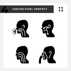 Poster - Throat treatment black glyph icons set on white space. Infections spreading prevention. Patients with diseases. Silhouette symbols. Solid pictogram pack. Vector isolated illustration