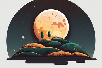 Sticker - Full Moon Flat Design Icon with Crater and Stars. Generative AI