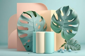 Canvas Print - Background of copy space with monstera deliciosa and an empty blue cylinder podium. geometric shape in an abstract pastel workshop. Mockup area for product design exhibition. Generative AI