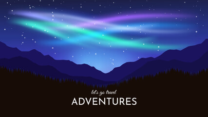 Wall Mural - Aurora over the mountains. Night starry landscape in arctic regions. Mountains in the foreground. Vector illustration. Banner, wallpaper, postcard design.