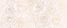 Luxury Golden Rose Flower Line Art Background Vector. Natural Botanical Elegant Flower With Gold Line Art. Design Illustration For Decoration, Wall Decor, Wallpaper, Cover, Banner, Poster, Card.