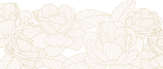Wall Mural - Luxury golden peony flower line art background vector. Natural botanical elegant flower with gold line art. Design illustration for decoration, wall decor, wallpaper, cover, banner, poster, card.