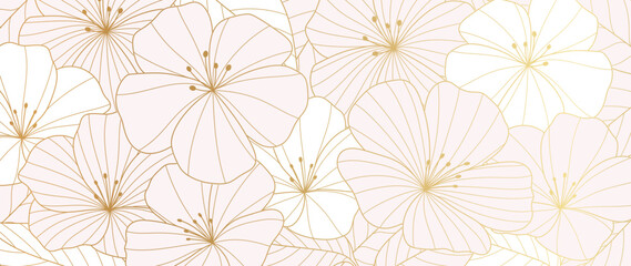 Wall Mural - Luxury golden wild flower line art background vector. Natural botanical elegant flower with gold line art. Design illustration for decoration, wall decor, wallpaper, cover, banner, poster, card.