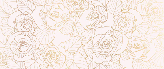 Wall Mural - Luxury golden rose flower line art background vector. Natural botanical elegant flower with gold line art. Design illustration for decoration, wall decor, wallpaper, cover, banner, poster, card.