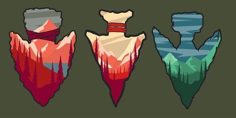 Wall Mural - set of emblems with arrowhead with mountain landscape. design element for poster, card, banner, sign