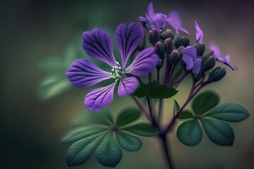 Wall Mural - beautiful violet flower with thin branches and background of hazy greenery. close up photography. ge