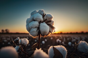 Agriculture Beautiful, perfect cotton capsules with blue sky, sunset, high productivity Agribusiness. Generative AI