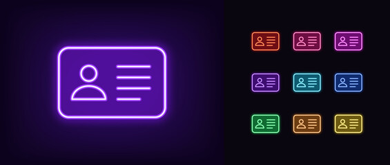 Poster - Outline neon ID card icon set. Glowing neon personal ID card, driver license pictogram. National ID document, passport, identification identity, personal badge, work pass, verification.