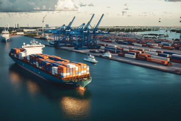 container port with a cargo ship and cranes, generative ai