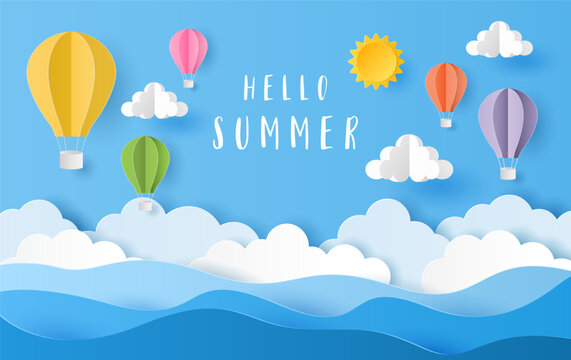 paper art style of hot air balloons with hello summer text on blue sky. vector illustration