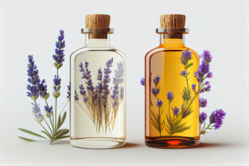 two bottles of cosmetics essential oil and lavender flowers in white background