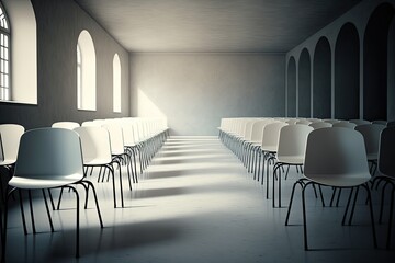 Wall Mural - Empty class at university or school with chairs and side table, the chairs are arranged in rows. Generative AI