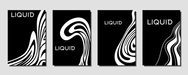 Poster - Black and white abstract poster design with liquid lines. White curves and wavy lines on dark black background. A4 size. Ideal for banner, flyer, invitation, cover, business card. Vector illustration