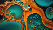 Beautiful Teal And Orange Liquid Swirls With Gold Glitter. Contemporary Design Wallpaper. Generative AI.