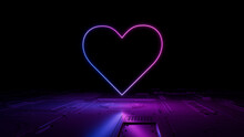 Pink And Blue Love Technology Concept With Heart Symbol As A Neon Light. Vibrant Colored Icon, On A Black Background With High Tech Floor. 3D Render
