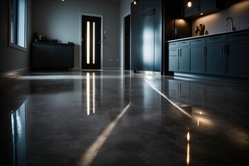 Sticker - cement flooring in a dimly lit space. the color black. Generative AI