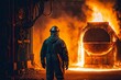 foundry industry worker stands near open smelting furnace and watches process, created with generative ai