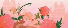 Luxury Oriental Flower Background Vector. Elegant Pink Peony Flowers Golden Line Art Decorate With Oriental Pattern Texture. Design Illustration For Decoration, Wallpaper, Poster, Banner, Card.