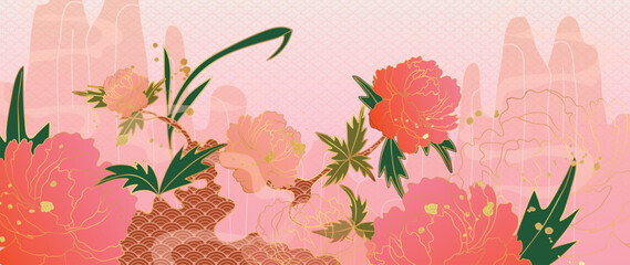 Wall Mural - Luxury oriental flower background vector. Elegant pink peony flowers golden line art decorate with oriental pattern texture. Design illustration for decoration, wallpaper, poster, banner, card.