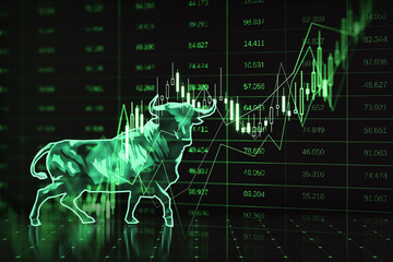 Poster - Abstract green candlestick bear and bull forex chart hologram on dark background. Trade and market concept. 3D Rendering.