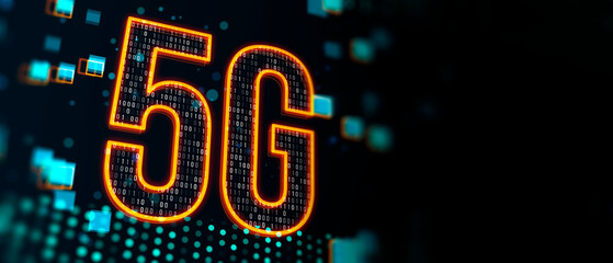 Leinwandbilder - Fast speed internet connection and innovation technologies concept with digital 5g symbol covered by binary code on blank dark background with space for your advertising poster. 3D rendering, mock up
