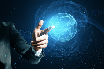 Aufkleber - Close up of businessman hand using polygonal globe hologram on dark background. World map with global social network. Future concept. Blue futuristic background with planet.