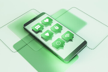 Wall Mural - Creative green smartphone with communication icons on screen. Social media and network concept. 3D Rendering.