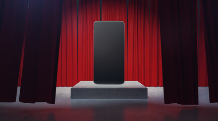 Poster - Empty empty mobile phone placed on pedestal with red curtains. Presentation and mock up concept. 3D Rendering.