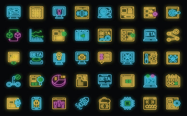 Wall Mural - Beta version icons set outline vector. Build bug. Code app neon color on black isolated